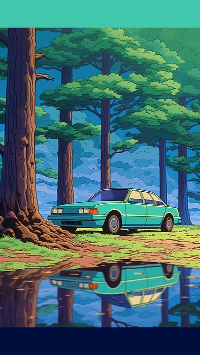 🌲Lost in the Woods✨ automotive art car art car illustration classic car cyan design digital art illustration japanese cars jungle trees