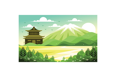 Japanese Nature with Castle Illustration mountain