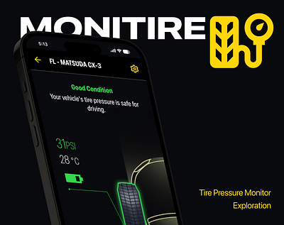 MONITIRE - Tire Pressure Monitoring Apps application dark mode flat futuristic mobile apps modern monitor simple tire tire apps tire monitor tire pressure apps ui uiux ux