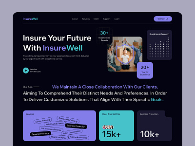 Insurance Landing Page agency darkmode financial protection health insurance home page insurance insurance coverage insurance plans insurance policy insurance provider landing page layout liability insurance life insurance minimalist protection ui design uiux web design website design