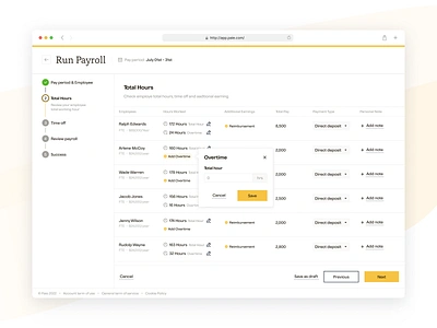 Paie - Run Payroll attendance compliance dashboard employee hr management overtime payroll productdesign reimbursement saas salary tax timesheet ui ux workforces