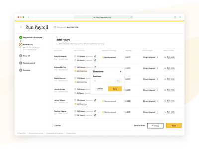 Paie - Run Payroll attendance compliance dashboard employee hr management overtime payroll productdesign reimbursement saas salary tax timesheet ui ux workforces