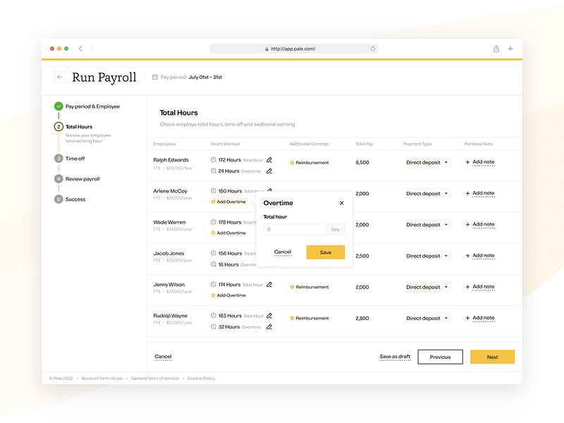 Paie - Run Payroll attendance compliance dashboard employee hr management overtime payroll productdesign reimbursement saas salary tax timesheet ui ux workforces