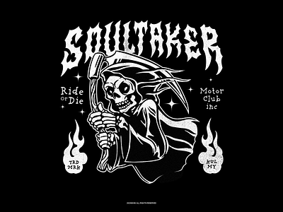 Soultaker Motor Club branding caferacer character dark design emblem flame ghost graphic design grimreaper illustration logo malaysia metal motor skeleton skull soul sycthe vector