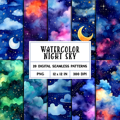 Watercolor Night Sky Patterns celestial clouds moon night night sky patterns seamless sky stars watercolor