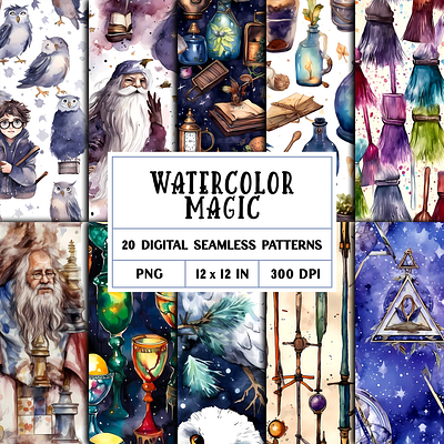 Watercolor Magic Patterns harry potter hogwarts magic patterns seamless watercolor witch wizard