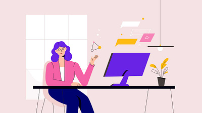 Work place illustration abstract banner bright colors business color computer concept contemporary design flat fun illustration illustrator lifestyle minimal pink ui vector website workplace