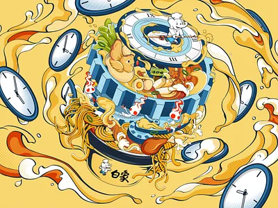 The Time Travel of a Bowl of Soup and Noodles branding clock design food design graphic design illustration noodles packaging soup