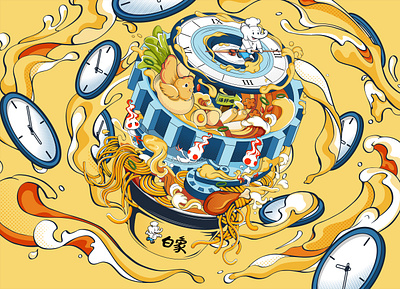 The Time Travel of a Bowl of Soup and Noodles branding clock design food design graphic design illustration noodles packaging soup