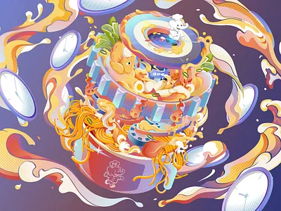 The Time Travel of a Bowl of Soup and Noodles branding clock design food design graphic design illustration noodles packaging soup water