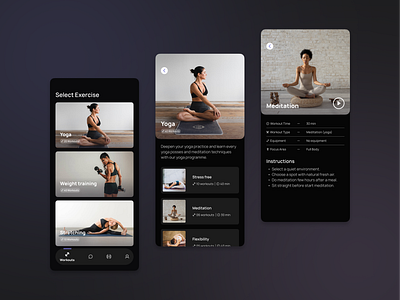 Women's Fitness App "Workout screens" adobexd app cleandesign darktheme figma fitnessapp gym minimalist ui uiux userinterface ux workout workoutapp yoga yogaapp