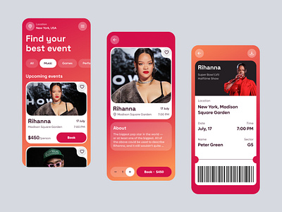 Event App app app design booking celebrities concert design entertainment event event app gradient interaction mobile app music performance show ticket ui ui design ux
