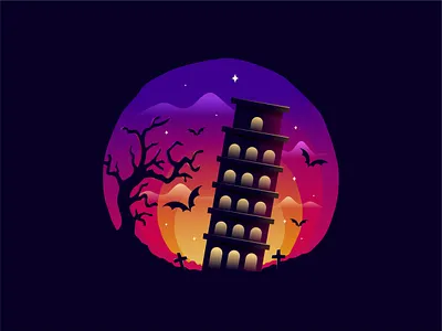 Halloween at Tower of Pisa architecture bat bird building colorful design grave halloween horror icon illustration italy landmark landscape monument moon night pisa tower tree