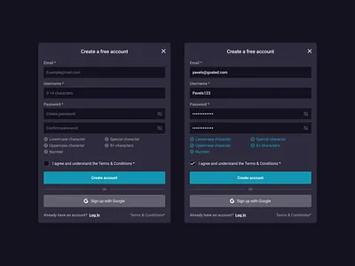 Create Account Modal account create design email exchange forgot passowrd free google modal new user overlay password platform product sign in sign in with google sign up sports ui username