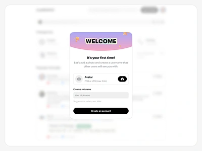 Welcome Modal Window - Create An Account blockchain blog create an account crypto defi flat design forum gradient modal modal window nft reddit saas sign up startup threads traders walk through web3 welcome