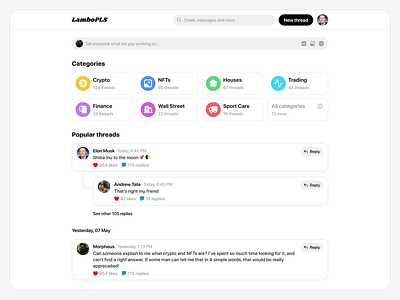 LamboPLS - Explore Page blockchain categories category community crypto explore page feed forum home page lambo lamborghini messages nft post product design reply saas threads traders web3