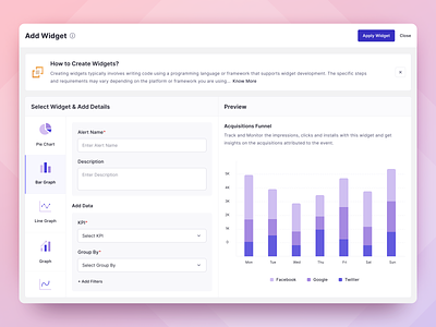 Widget and Dashboard Builder, Bar Graphs, Performance Tracker add widgets analytics builder charts components constructor dashboard editor graphs options overview performance performance tracker personalisation preview sidebar ui elements webflow widget builder widgets