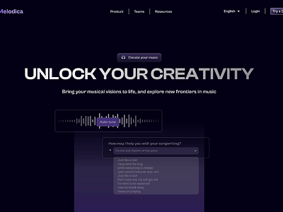 Melodica - AI Music Producer Landing Page ai animate artificial inteligence branding dark futuristic galaxy interaction design landing page landingpage minimalistic motion page space ui ux web web design webdesign website