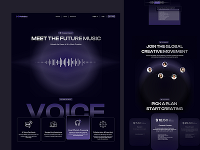 Melodica - AI Music Producer Landing Page ai app artificial inteligence futuristic galaxy landing landing page landingpage page site space technology ui universe ux web web design webdesign website website design