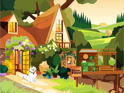 Kinder World digital dog fantasy world folioart game house illustration jia yi liu landscape vector