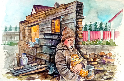 Original watercolor painting, War in Ukraine, Girl and cat, Stop paint painting stop the war