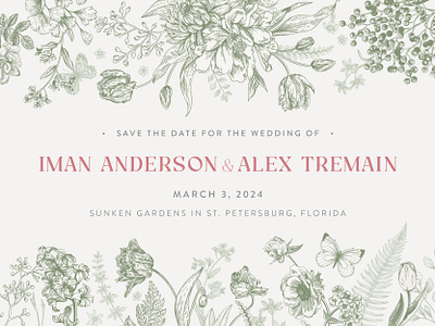 Floral Wedding Save the Date butterfly engagement english floral flowers garden illustration invitation invite print design sage save the date tropical wedding