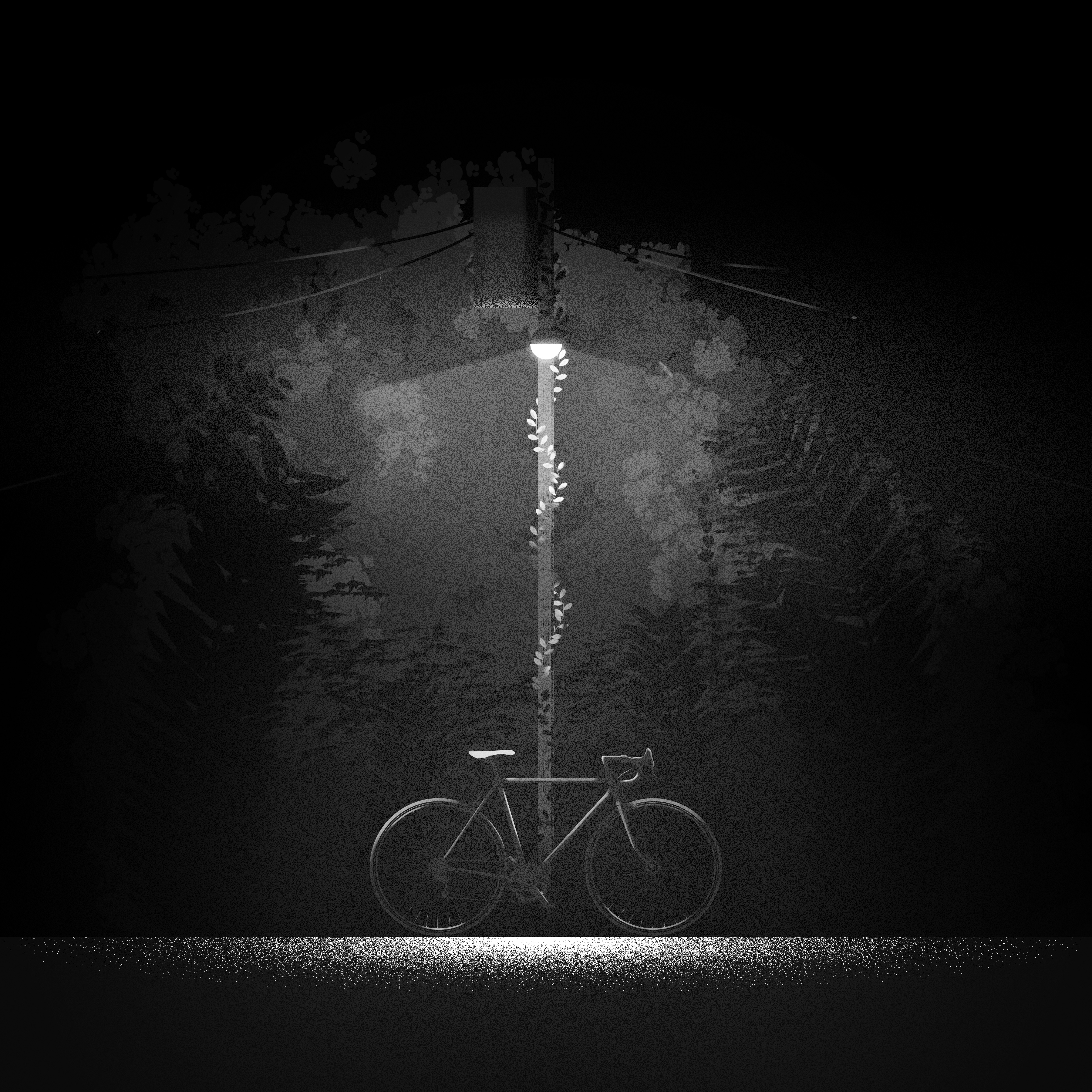 Night Bike bike dark illustration leaves nature night photoshop plants street light swamp texture