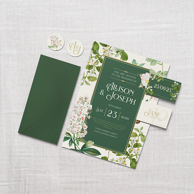 Wedding Invite, Green botanical commission design flowers graphic design illustration invite vintage wedding