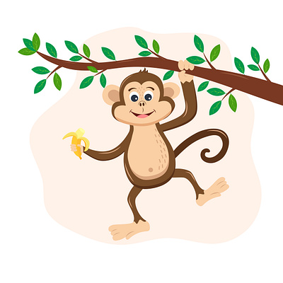 A monkey with a banana hangs on a tree branch. Vector character