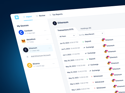 CoinLedger Transactions Tax Reports Dashboard, UI/UX design binance coinbase dashboard ethereum financial fintech product design reports software tax taxation transactions ui ux web app web design