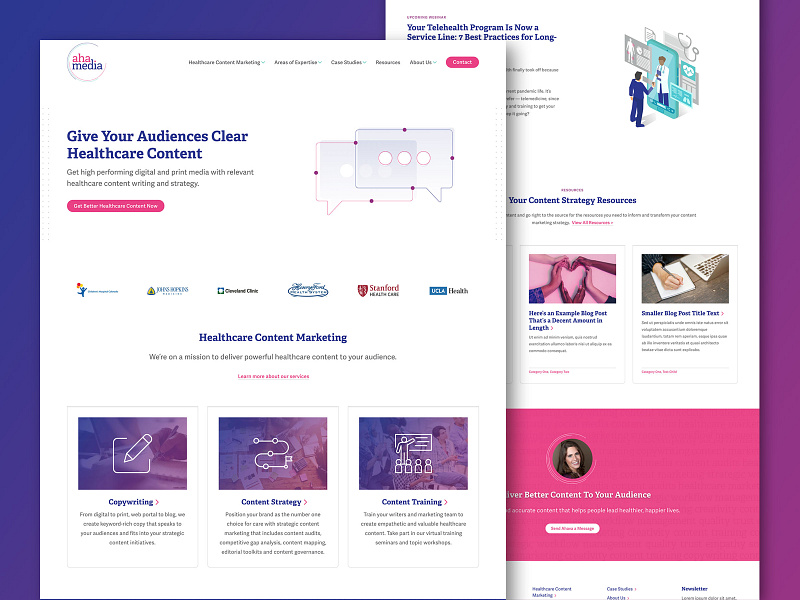 Aha Media Group - Website Redesign, Homepage blue clean colorful dots healthcare homepage icons illustration lined overlay photos pink purple simple sophisticated testimonial ui ux web design website