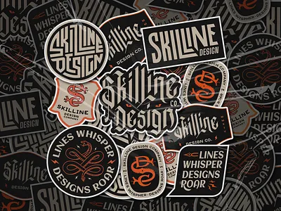 Skilline Stickers badge badge design badges blackletter branding custom type design geometric illustration lettering logo logotype merchandise minimal monogram skilline snake sticker stickers typography