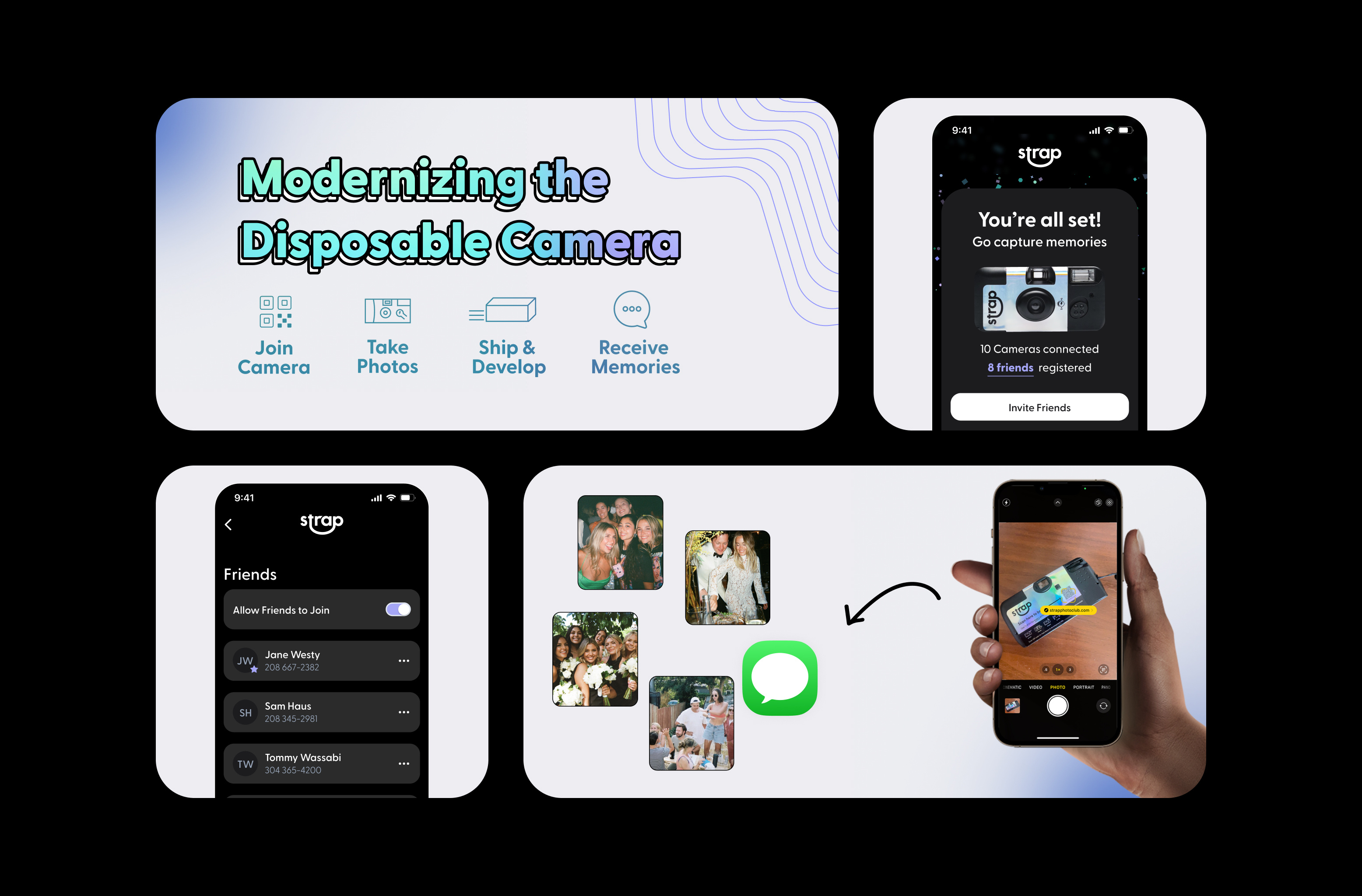 Modernizing the Disposable Camera - UI/UX Design & Branding add friends animation app design branding dark mode dashboard disposable camera holographic interaction design interface design mobile app modern ui onboarding product design qr code ui ui inspiration uiux user experience web app