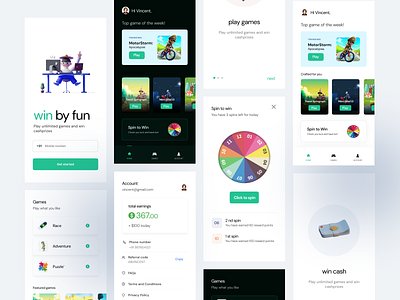 Win by Fun app components concept ui dark theme design games gaming app home screens light theme login screen spin wheel ui user flow ux