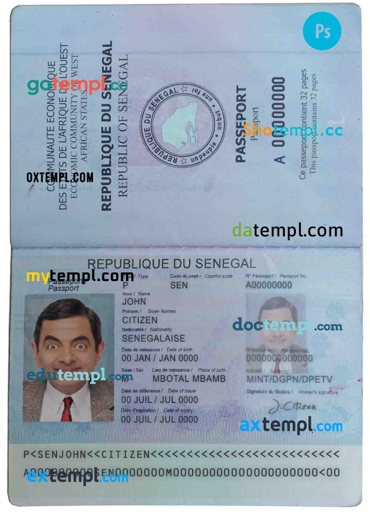 Senegal passport template in PSD format, fully editable by doctempl on ...