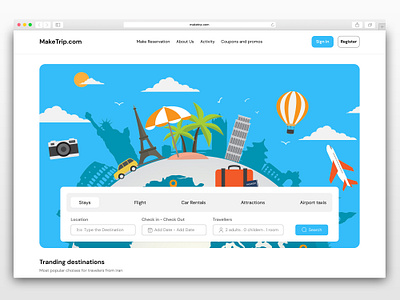 Make Trip Web Site Design: Landing Page / Home Page UI car design figma flight graphic design hotel landing page landingpage rent ticket travel trip ui useri userinterface web web design web site webdesign website