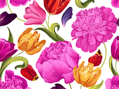 Seamless Bright Pattern with Tulips & Peony 2d botanical botanical illustration botanical pattern digital flowers digitalart illustration ornamental pattern peony plants realistic realistic flowers seamless spring flowers spring pattern surface pattern design textile tulips vector