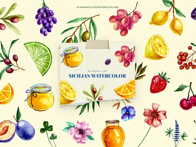 Sicilian Watercolor Fruits & Floral Illustrations branding floral fruits graphic design illustration illustrations italian tiles packaging design patterns poster design print design product design seamless pattern social media design summer texrile design wallpaper design watercolor watercolor illustrations web design