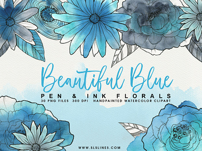 Blue Pen & Ink Watercolor Florals