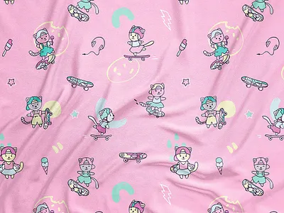 Skater Kitty Print cartoon cat clothes cookies cute design funny girl ice cream kids kitty pattern print recreation seamless skater sport summer sport textile