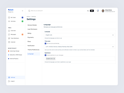 Settings page- Dash's Design System [Language] branding card dashboard language mobile profile setting page ui uidesign user inteface userexperience ux web