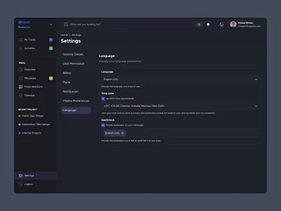 Settings page- Dash's Design System [Language] Dark mode branding dashboard language mobile profile setting setting page table ui uidesign user inteface userexperience web