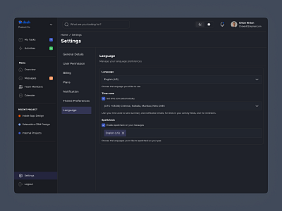 Settings page- Dash's Design System [Language] Dark mode branding dashboard language mobile profile setting setting page table ui uidesign user inteface userexperience web