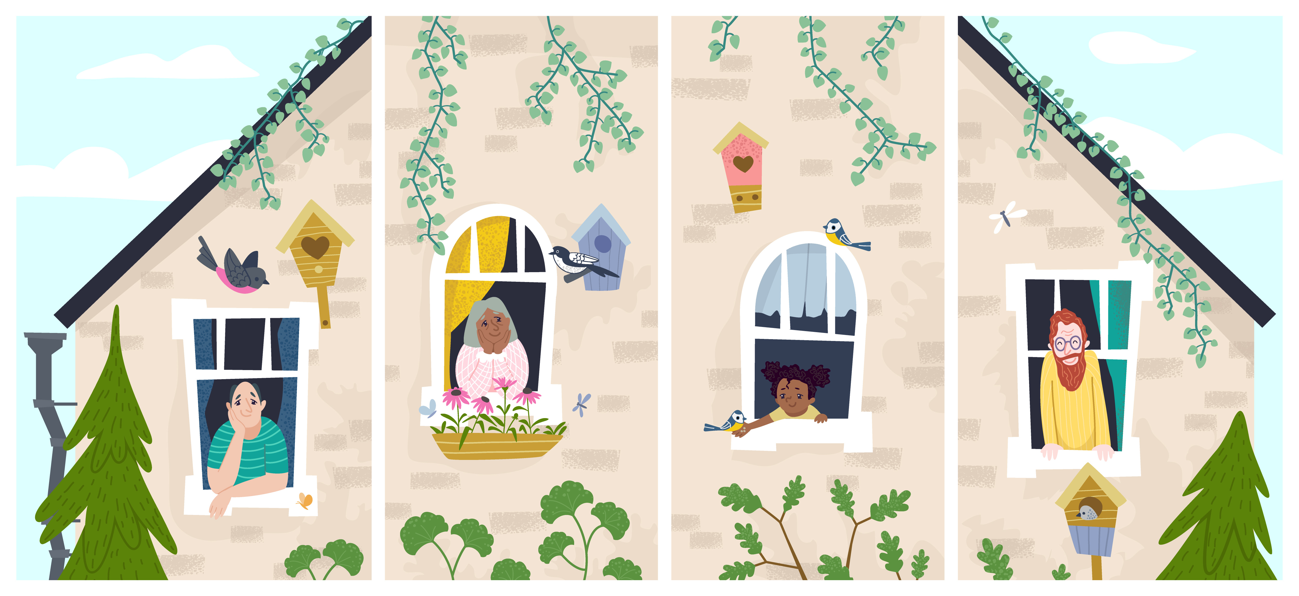 In Harmony with Nature birdhouse bumpy cartoon character cute ecosystems flat focused hand drawn illustration kids noise organic rewilding simplicity sustainability vector