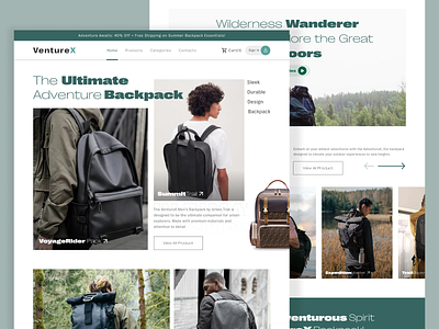 VentureX - ECommerce Homepage adventure backpack bold branding clean design ecommerce graphic design green landingpage men motion graphics professional shop shopping typography ui ux website