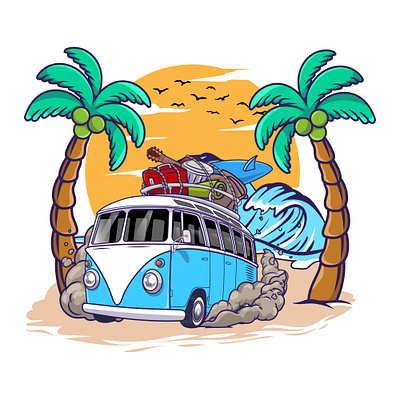 Cartoons summer van with surf board and luggage uniform
