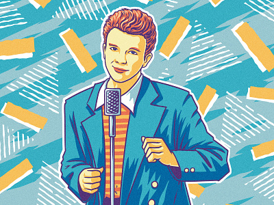 “Never gonna give you up, never gonna let you down” blue hair illustration mic musician musicvideo muti portrait portrait illustration rick astley rickroll roll yellow