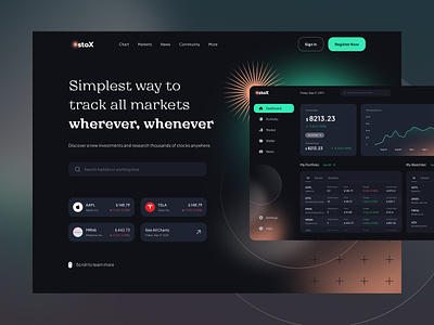 Stock Trading App Landing Page app chart clean dark dashboard design fireart gradient stock ui ux