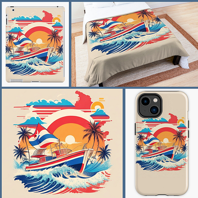 Retro Vintage Summer Vibes with Boat on the Big wave in Thailand design graphic design illustration