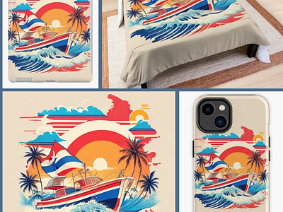 Retro Vintage Summer Vibes with Boat on the Big wave in Thailand design graphic design illustration